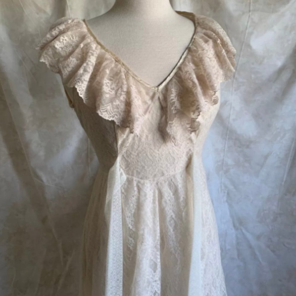 VINTAGE 1970s PRAIRIE BOHO HIPPIE TIE RUFF SLEEVE BEIGE MAXI DRESS XS XSMALL